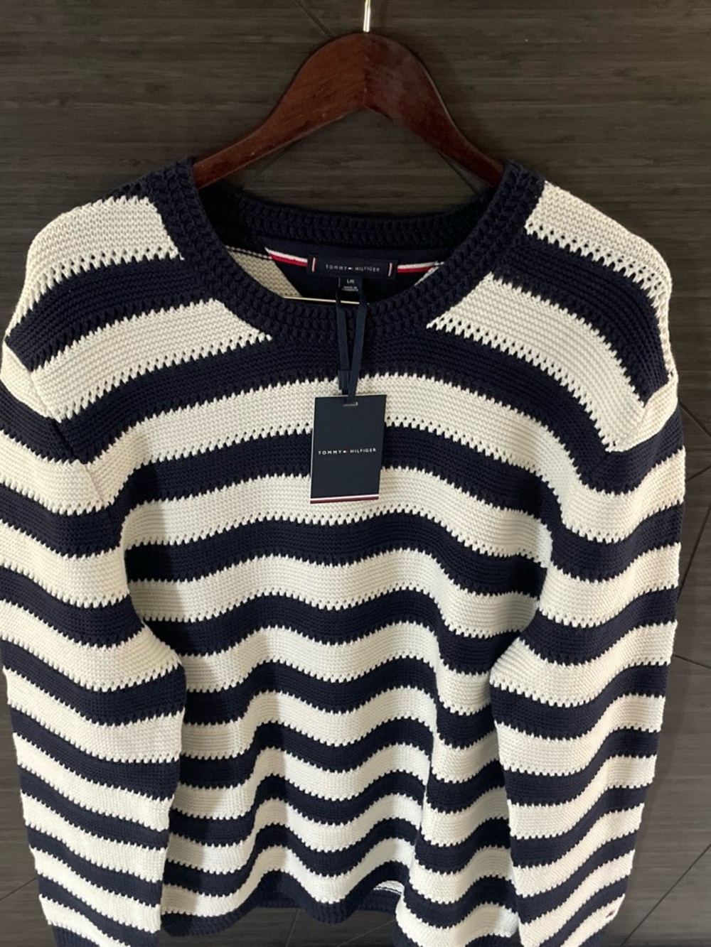 Tommy Hilfiger Navy & White Striped Crochet Knit Top